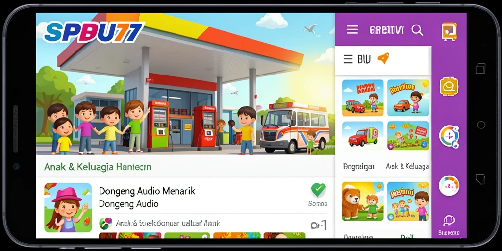 Antarmuka aplikasi SPBU77 yang ramah anak dan menarik.